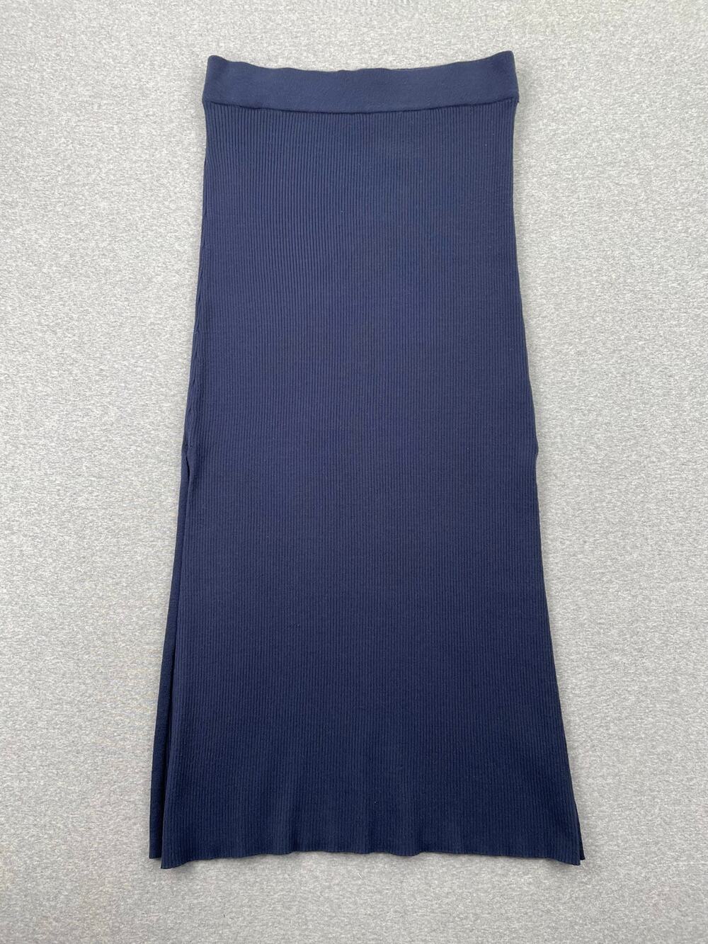 Splendid Ribbed Knit Maxi Skirt Womens XL Navy Blue Side Slits Stretch Pull-On